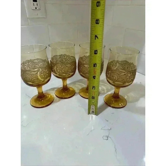 4 Vintage Libbey Americana Amber Stemmed Wine Glasses Goblets Embossed 8 Oz. - Picture 7 of 14